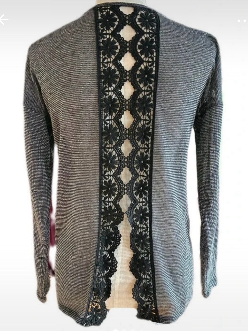 Gray Knit Cardigan Sweater with Black Lace Trim on back size M